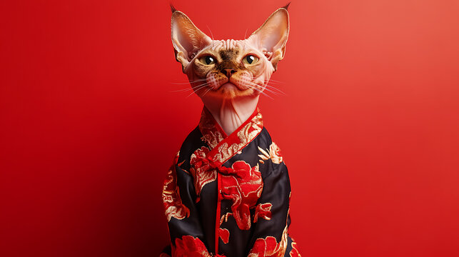 Cultural thematic event celebrating pets a chinese cat in traditional attire vibrant red background artistic portrait