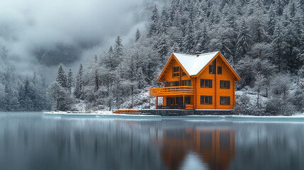 Obraz premium A tranquil wooden cabin rests on a snowy cliff, surrounded by pristine frozen wilderness. The scene evokes solitude, peace, and the harmony of human habitation with untouched nature