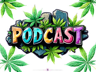 Creative podcast logo featuring colorful lettering and vibrant cannabis leaves designed for an engaging atmosphere and appeal