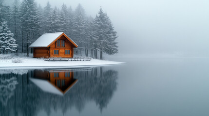 A tranquil wooden cabin rests on a snowy cliff, surrounded by pristine frozen wilderness. The scene evokes solitude, peace, and the harmony of human habitation with untouched nature