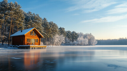 A tranquil wooden cabin rests on a snowy cliff, surrounded by pristine frozen wilderness. The scene evokes solitude, peace, and the harmony of human habitation with untouched nature