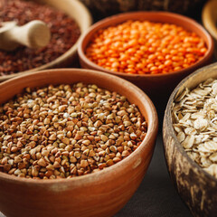 Mixed Grains and Cereals Lentils Rice Buckwheat Oatmeal Organic Healthy Vegan Protein Diet Nutrition