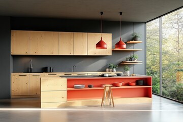 Minimalist Modern Kitchen Interior with Wooden Cabinets Red Accents and Natural Light