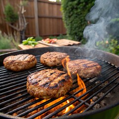 Grilled meat steak on stainless grill depot with flames on dark background. Food and cuisine concept., generative ai