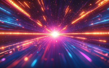 Fototapeta premium Abstract vibrant light streaks converging at a bright center, creating a dynamic and energetic visual. Perfect for backgrounds, technology, and futuristic themes.