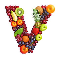 Alphabet of healthy food. Letter V made of many fruits. Red grape, kiwi, pineapple, citrus, berries, apple on white background