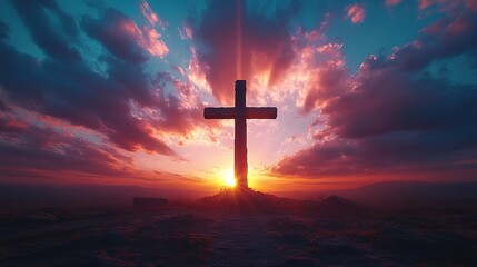 The cross of Jesus Christ is dramatically silhouetted against a sky filled with clouds and rays of light, symbolizing hope, redemption, and the triumph of faith