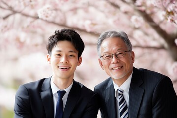 入社式に参加した笑顔の新卒の男性と父親