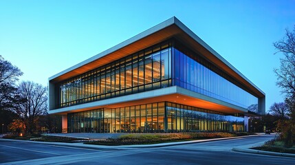 Obraz premium The exterior of a modern office building with large glass windows, viewed from the street