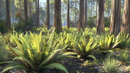 Obraz premium Sunlit Ferns Flourish Beneath Towering Forest Trees