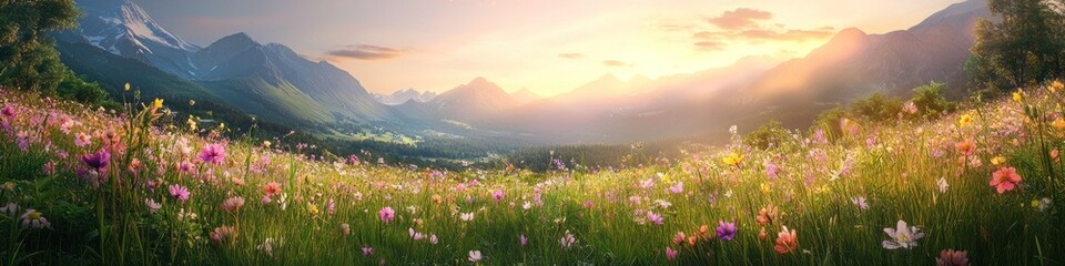 Obraz premium Vibrant wildflowers bloom in a scenic mountain valley sunset