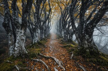 Fototapeta premium Enchanting Forest Pathway with Mystical Fog Surrounding Autumn Trees Featuring Twisted Roots and Fallen Leaves, Creating an Ethereal and Serene Atmosphere in a Dreamlike Woodland 
