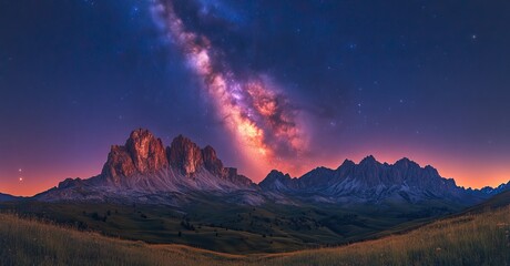 The Milky Way galaxy stretches across the night sky above rugged mountain peaks