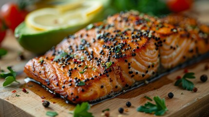 Closeup delicious grilled salmon fillet garnished with herbs spices on wooden cutting board, close-up steak salmon and nutrition, seafood and roasted with recipe, no people, food with delicious.