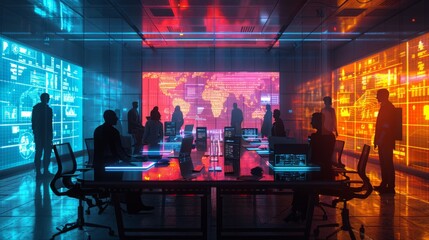 A high-tech command center with digital screens displaying data, silhouetted people working and analyzing information, futuristic and technology with cyber network, business and development.