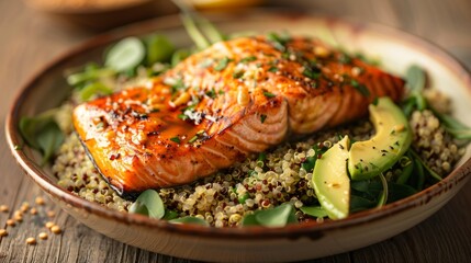 Closeup delicious grilled salmon fillet garnished with herbs spices on wooden cutting board, close-up steak salmon and nutrition, seafood and roasted with recipe, no people, food with delicious.