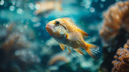 A vibrant fish gracefully swims in blue water, surrounded by a bokeh background in an underwater.