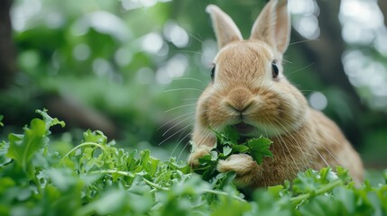 Closeup cute rabbit munching on leaves in nature, bunny or animal wildlife with adorable, pet fluffy eating vegetation, close-up mammal fluffy, outdoors.