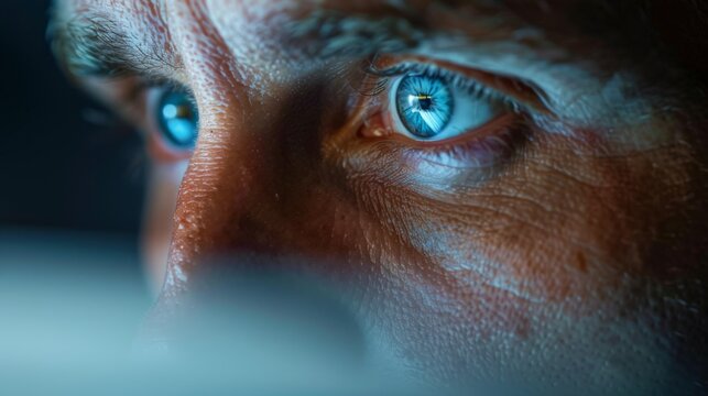 Closeup person intense blue eyes on computer screen in office, close-up eyes of businessman with expression and emotion, stare and vision, one person, business man looking technology computer. - Powered by Adobe