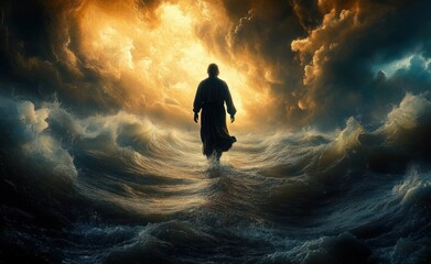 Obraz premium Jesus Walks on Water During a Storm Biblical Miracle of Faith and Power in Galilee