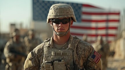 Fototapeta premium The silhouette of a soldier saluting in front of an American flag backdrop, representing patriotism