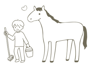 馬の世話をする人の手書き線画イラスト
