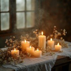 Candles glowing softly, romantic ambiance, warm light, floral arrangement, cozy room.