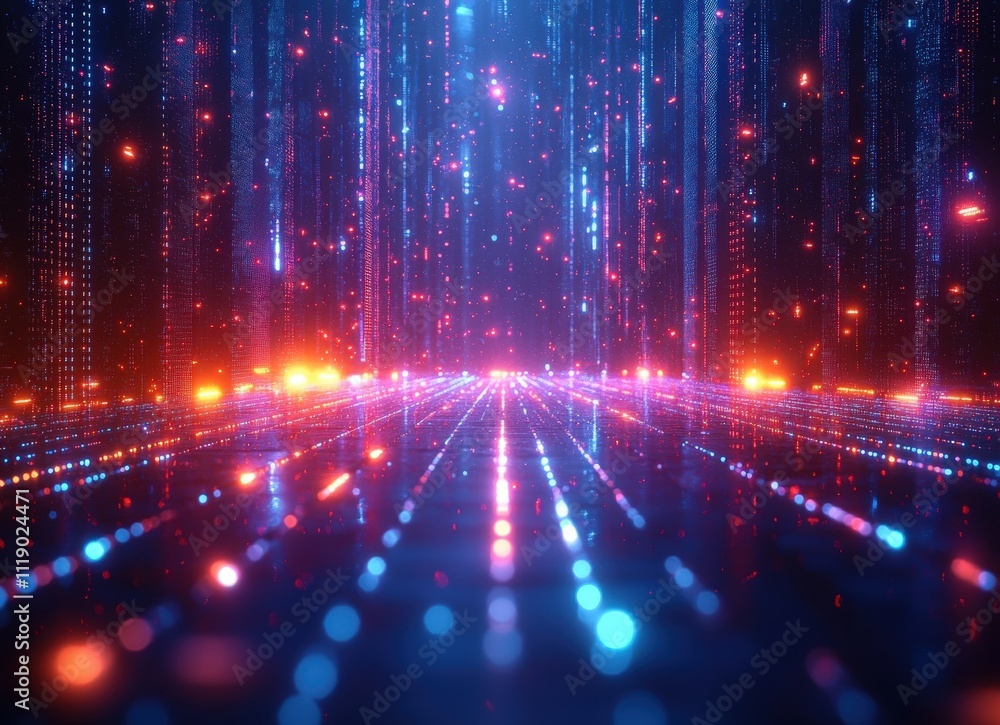 Poster abstract digital landscape with glowing lines and particles, depicting futuristic technology or data