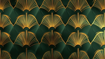 A luxurious Art Deco pattern with golden fan shapes on a deep emerald green background, radiating elegance.