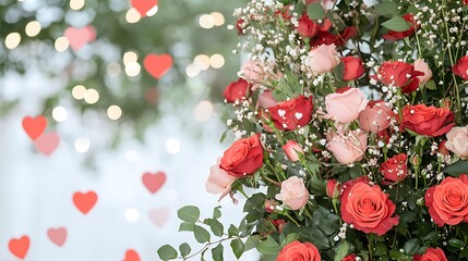 A Beautiful Arrangement of Red Roses and Heart Decorations Creating a Romantic Atmosphere