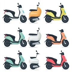 Nine Colorful Modern Electric Scooters in Profile View