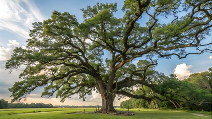 Park and outdoor concept, Spring landscape big trees on green grass meadow, New young green leaves on twig in the park under blue sky, Natural greenery, generative ai