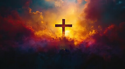 Fototapeta premium The word Worship written in white calligraphy with a cross in the background, using yellow and purple tones
