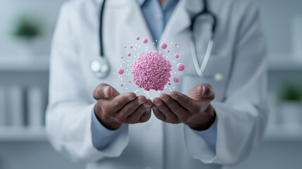 doctor in white coat holds pink virus model, symbolizing healthcare innovation and technology. image conveys sense of advanced medical practices and AI integration