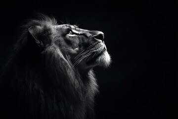 hyper-realistic black and white lion head profile with dramatic lighting and intricate mane details © Milana