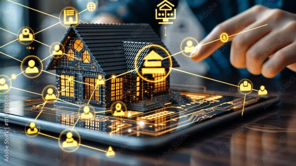 Fototapete A hand interacts with a tablet showcasing a virtual model of a property. AI elements and symbols related to real estate management surround the digital house, illustrating innovative technology use.