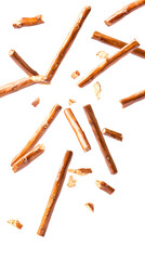 A captivating visual of pretzel sticks gently falling against a crisp white background, with full depth of field and transparent png background.