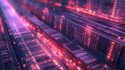 Abstract Futuristic Server Room with Red Glowing Lights