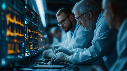 team of medical professionals analyzing data on computer screens in laboratory. They are focused and engaged in their work, showcasing teamwork and dedication to healthcare