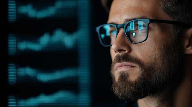focused financial analyst with glasses examines data trends on screen, showcasing blend of concentration and professionalism in modern workspace