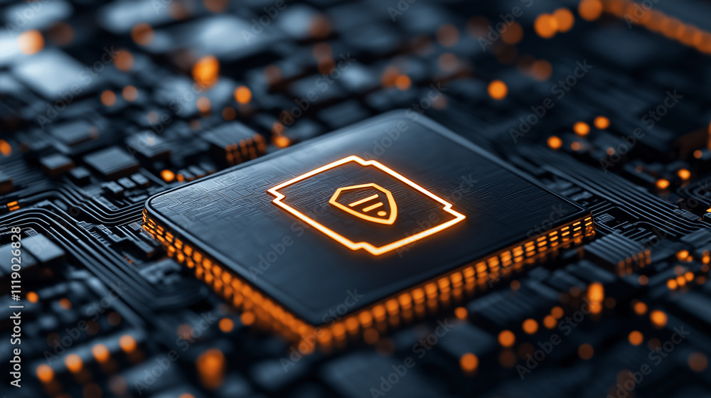 Poster high resolution image of glowing microchip with shield symbol, representing advanced technology and 