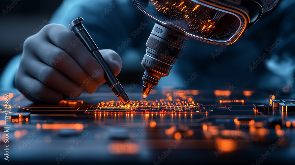 Poster close up of robotic hand using pen to draw on circuit board, showcasing intricate details and glowing orange lines. scene highlights advanced technology and precision