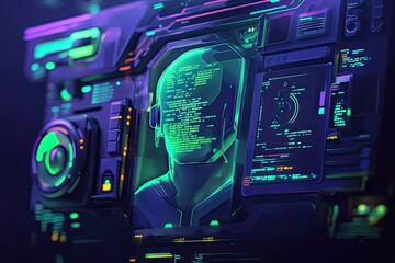 A 3D icon of a coder portrait with holographic interface computer screen and green coding lines in a cyberpunk theme
