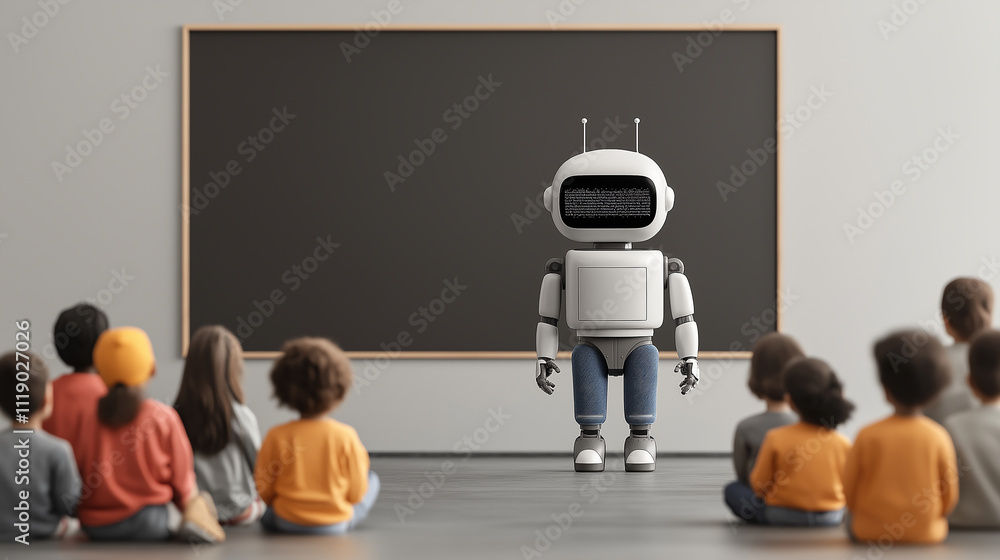 Leinwandbilder classroom scene featuring robot teacher engaging with students. robot stands in front of blackboard,