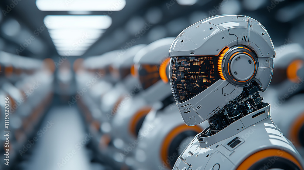 Poster photorealistic image of robotic maintenance units in futuristic setting, showcasing advanced technol