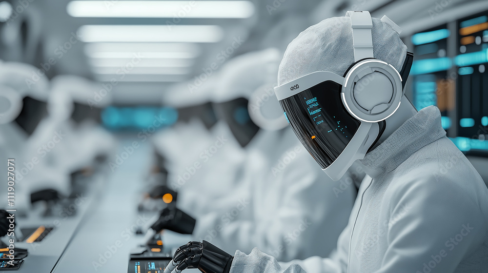 Aufkleber futuristic scene featuring robotic maintenance workers in high tech environment, showcasing advanced