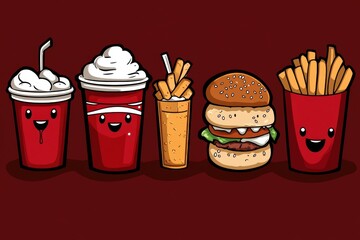 Delicious animated fast food characters fun environment colorful illustration whimsical viewpoint for kids