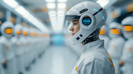 futuristic robotic maintenance worker in high tech environment, showcasing advanced technology and design. scene evokes sense of innovation and precision