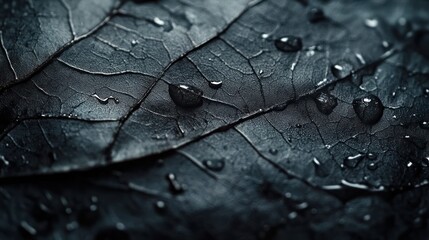 Fototapeta premium Here's a caption and keywords for your stock photo.. Close-up of dark leaf with water droplets, showcasing texture and veins.