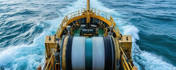 Close-up of a submarine fiberoptic cable being laid by a specialized ship, ocean waves crashing nearby, submarine fiberoptic cable, marine engineering